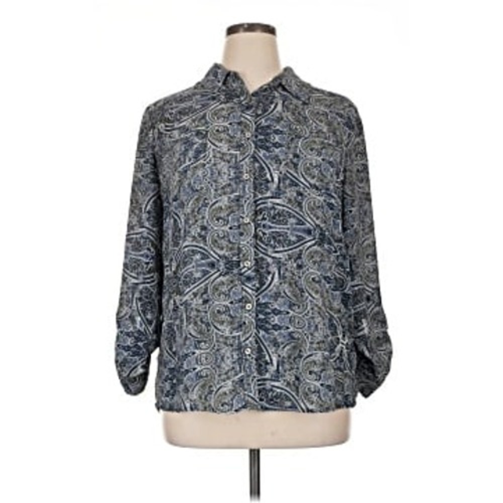 Westport 1962 Blue Paisley Roll Tab Sleeve Button Down Shirt Womens Medium